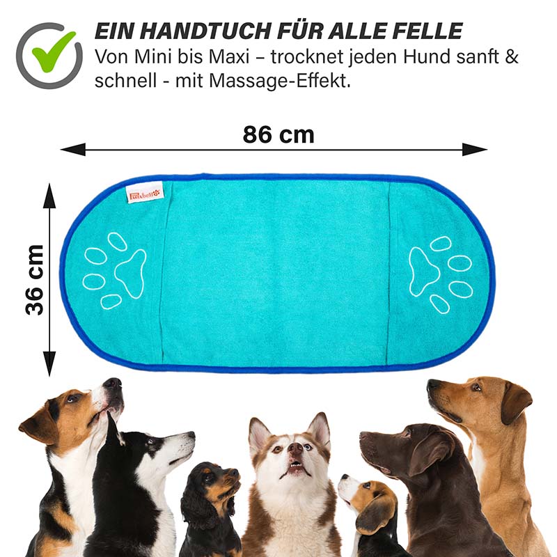 Mikrofaser-Hundehandtuch in Türkis, 86 × 36 cm, geeignet für kleine und große Hunderassen, saugstark und sanft zur Fellpflege mit schneller Trocknungsleistung