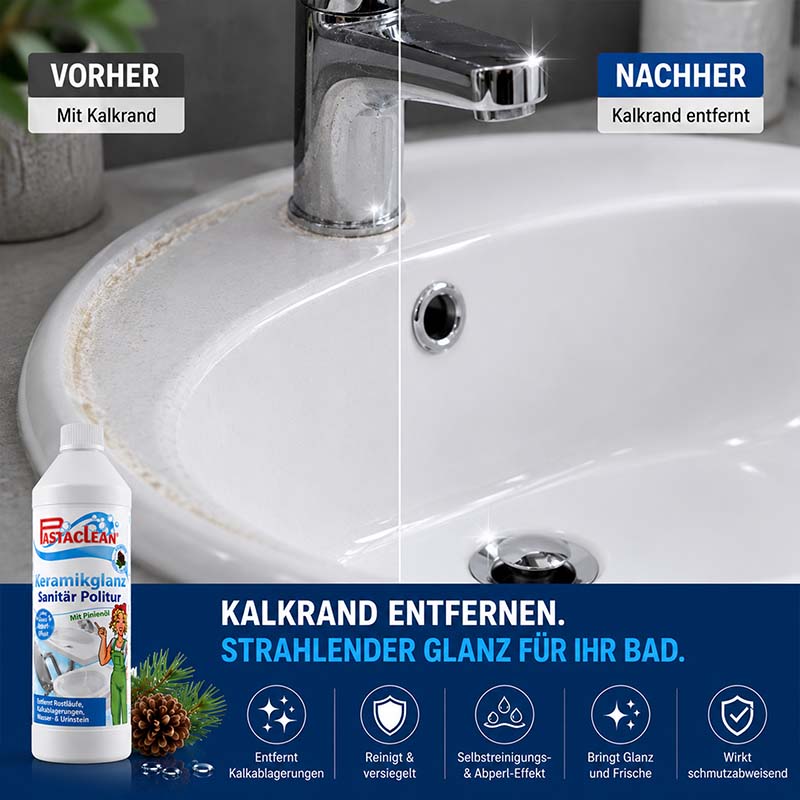 Sanitärpolitur mit Pinienöl, Badreiniger, 2x 500ml; entfernt Kalkablagerungen; Reinigt und versiegelt; Selbstreinigungs- und Abperl-Effekt; bringt Glanz und Frische; wirkt schmutzabweisend; Vorher-Nachher-Bild eines gereinigten Waschbeckens