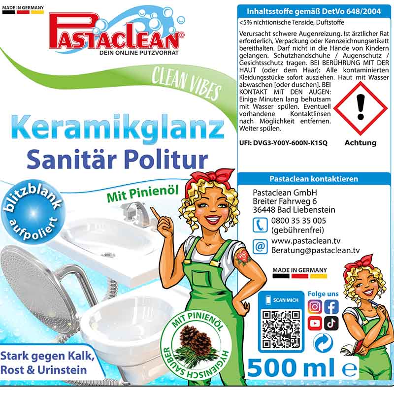 Pastaclean Sanitärpolitur Keramikglanz 500 ml, Reinigungs- und Polierpaste mit Pinienöl, inklusive 3x WC Power Cleaner Tabs, stark gegen Kalk, Rost und Urinstein, blitzblank poliert, mit Inhaltsstoffinformationen und Kontaktdetails.
