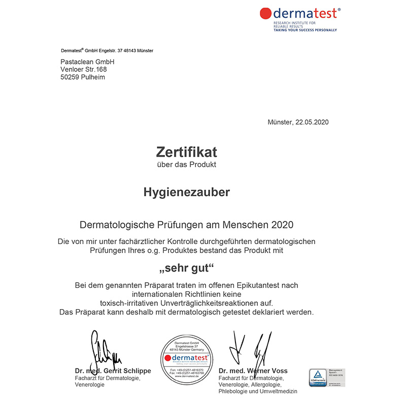 Dermatest Zertifikat für Pastaclean Hygiene Zauber mit dermatologischer Bewertung „sehr gut“ – bestätigt hautverträgliche Anwendung