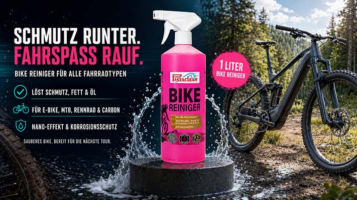 Pastaclean Bike Reiniger löst Schmutz, Fett und Öl für E-Bike, MTB, Rennrad, Carbon; bietet Nano-Effekt und Korrosionsschutz; ideal zur Fahrradpflege und Reinigung.