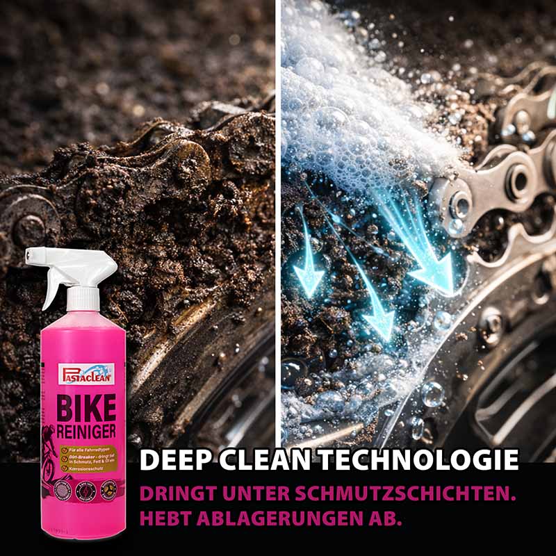 Fahrradreiniger 1 Liter mit Sprühflasche, effektives Bike Reinigungsspray für alle Fahrradtypen, hebt Schmutzschichten ab, ideal zur Fahrradpflege und -wartung. Deep Clean Technologie visualisiert, reinigt Ketten und Komponenten effizient.