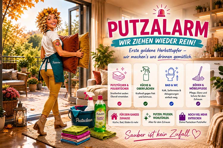 Pastaclean Putzmittel Sortiment für Küche, Bad und Böden, inklusive Putztücher und Poliertücher, ideal für die Reinigung und Pflege im ganzen Zuhause.