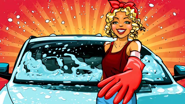 Miss Pastaclean wäscht Auto mit Waschhandschuh