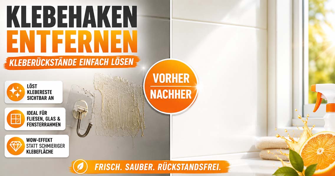 Orangenreiniger entfernt Klebehaken und hartnäckige Klebereste von Fliesen, Glas und Fensterrahmen im Vorher-Nachher-Vergleich