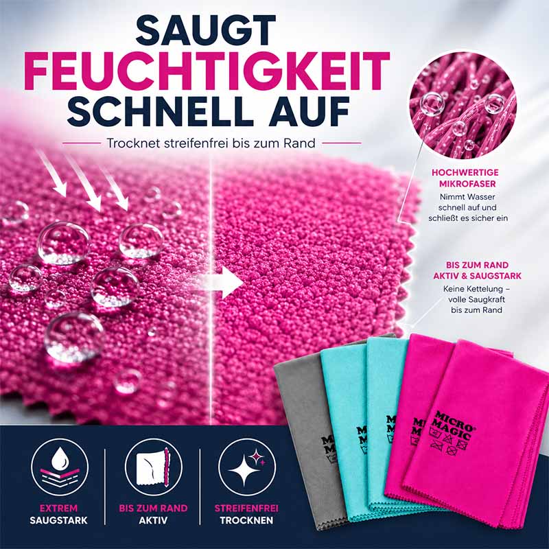 Mikro Magic Glas- & Poliertücher, 5-teilig, bunte Mikrofaser Tücher, streifenfreie Reinigung, saugstark, für Glas- und Polierarbeiten, hochwertige Mikrofasern, schnelle Feuchtigkeitsaufnahme, randaktiv und saugstark.