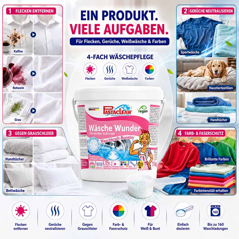 Pastaclean Wäsche Wunder Waschpulver Zusatz 1 kg, ideal zur Fleckenentfernung und Geruchsneutralisation bei Weiß- und Buntwäsche, inklusive Farb- und Faserschutz, geeignet für Sport- und Haustiertextilien