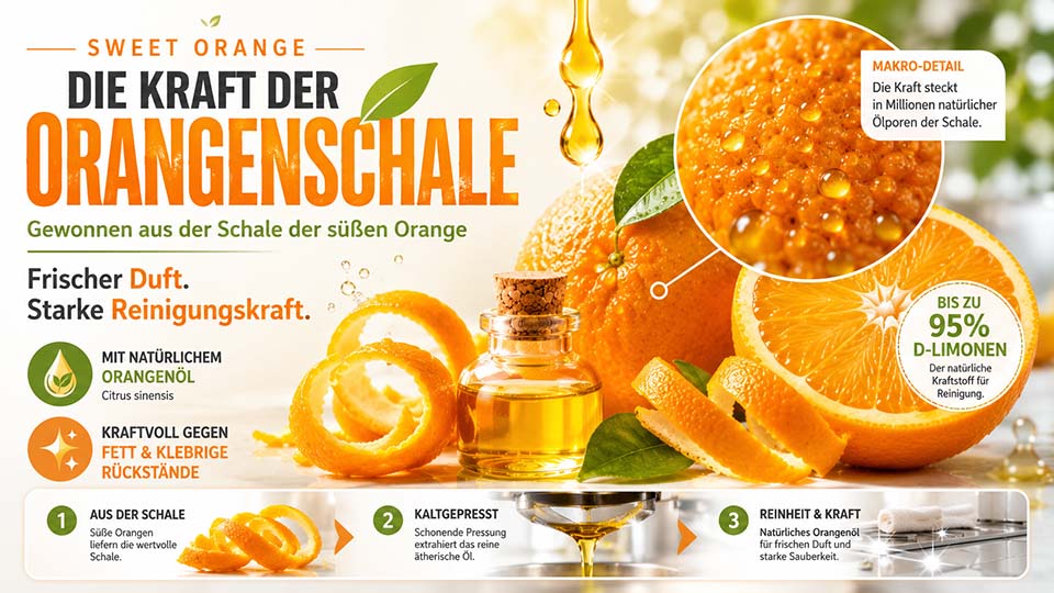Sweet Orange Orangenreiniger mit Orangenschale, Orangenöl und Makro-Detail zur natürlichen Reinigungskraft gegen Fett und klebrige Rückstände