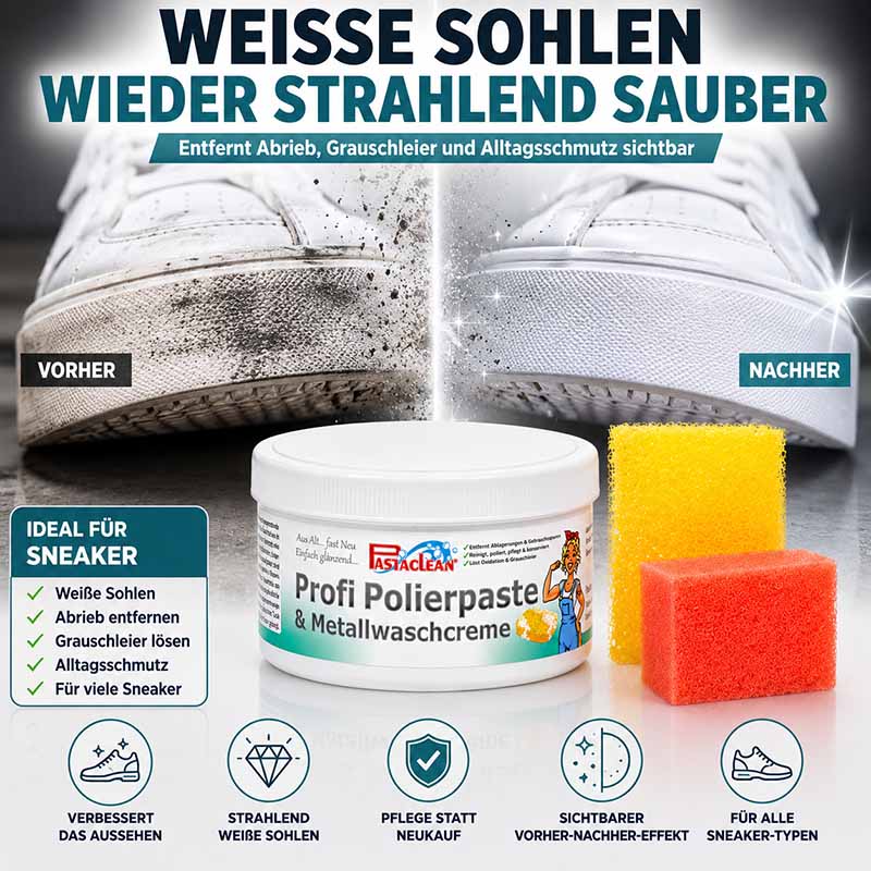 Profi Polierpaste 500g, ideal für Sneaker, entfernt Abrieb, Grauschleier, Alltagsverschmutzung, sichtbar strahlende weiße Sohlen, geeignet für alle Sneaker-Typen, Vorher-Nachher-Effekt, Pflege statt Neukauf, inklusive Reinigungsschwämme.