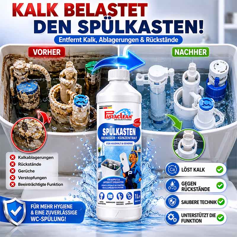 Spülkasten Reiniger Konzentrat 1 Liter, effektiv gegen Kalkablagerungen, Rückstände; WC Entkalker für Aufputz und Unterputz; hygienische Reinigung, verbessert Spülleistung, entfernt Verstopfungen, saubere Technik, unterstützt Funktion.