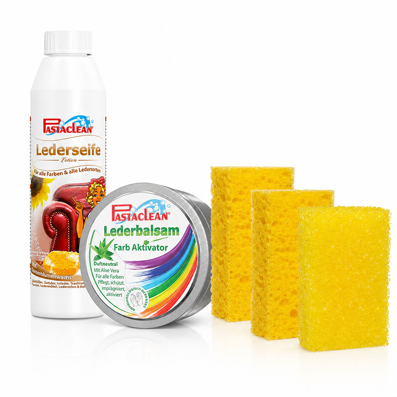 Pastaclean Lederpflege Set 5tlg mit Lederseife und Lederbalsam Farbaktivator für Reinigung, Pflege und Schutz von Ledermöbeln, Auto, Lederwaren und Kleidung, inklusive Schwämme zur einfachen Anwendung