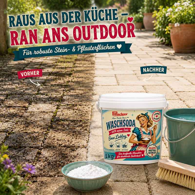 Pastaclean Waschsoda 1 kg gegen Fett, Schmutz und Flecken im Haushalt, für Wäsche und Gartenanwendung, vielseitig einsetzbar zur Reinigung von Stein- und Pflasterflächen.
