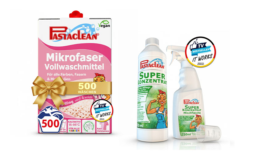 Pastaclean Mikrofaser Vollwaschmittel 500 Waschladungen und Pastaclean Super Konzentrat für Haushalt, Küche, Bad und Wäschepflege. TV-Bestseller zur Reinigung von Mikrofaser, Flecken, Oberflächen und zur Anwendung als Haushaltskonzentrat.