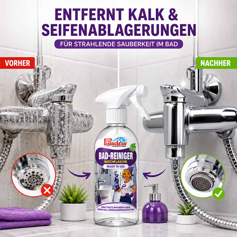 Badreiniger Konzentrat 1 Liter gegen Kalkablagerungen, ideal für Dusche, Waschbecken und Toilette. Vorher-Nachher-Vergleich zeigt effektive Reinigung. Geeignet für strahlende Sauberkeit im Bad.