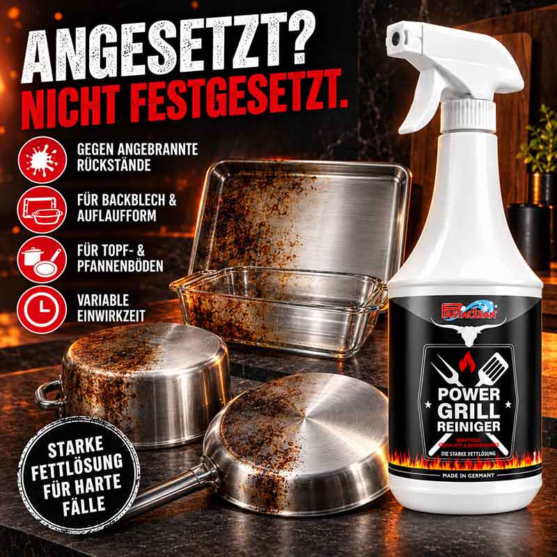 Pastaclean Grillreiniger und Backofenreiniger 1.000 ml gegen Eingebranntes und Fett auf Backblechern, Auflaufformen, Topf- und Pfannenböden mit starker Fettlösung und variabler Einwirkzeit.