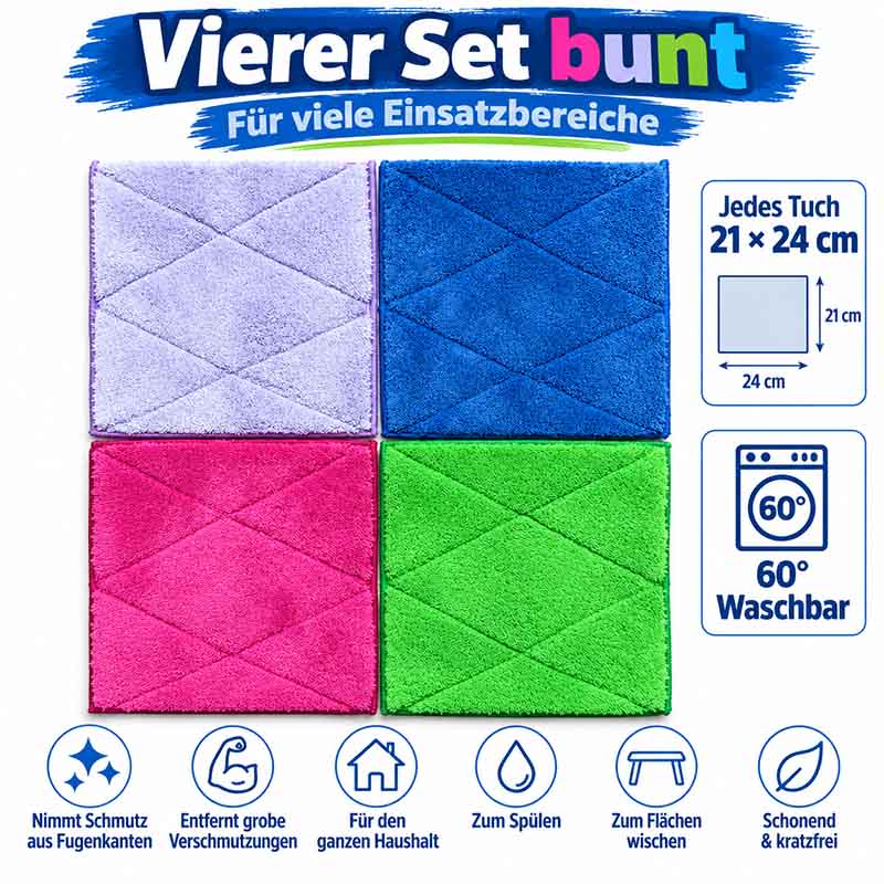 Buntes 4er-Pack Spültücher & Wischtücher, antibakterielle Allzwecktücher, ideal für Küche und Haushalt, entfernt grobe Verschmutzungen, geeignet zum Spülen und Flächenwischen, 21x24 cm, 60°C waschbar.