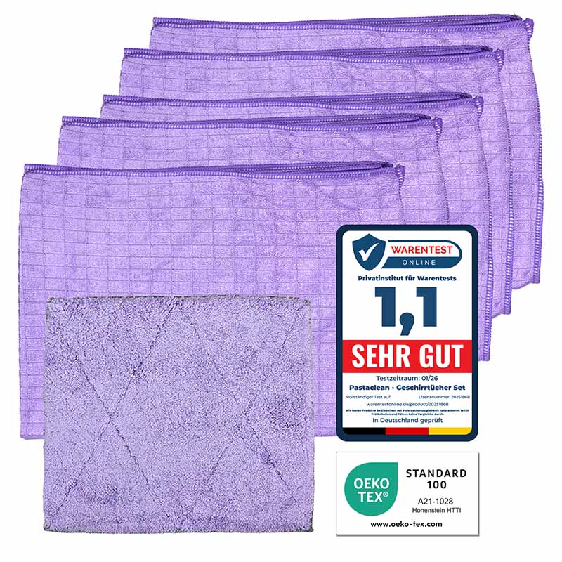 Pastaclean Geschirrtücher Set Lavendel 6-tlg. – 5 Trockentücher + 1 Spültuch antibakteriell