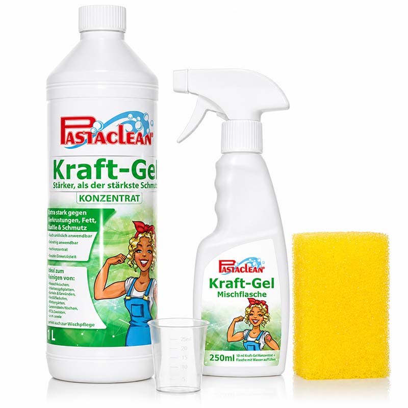 Pastaclean Kraft Gel Allzweckreiniger Konzentrat, ideal gegen hartnäckigen Schmutz, Fett und Ablagerungen, 1 Liter, vielseitig für Haushalt, Küche und Bad, inklusive Mischflasche und Schwamm