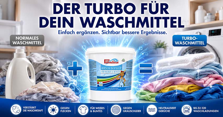 Turbo-Waschmittel-Booster für bessere Waschergebnisse, verstärkt Waschkraft, gegen Flecken und Grauschleier, für Weißes und Buntes, neutralisiert Gerüche, bis zu 320 Waschladungen, Pastaclean Produktdarstellung mit normalem Waschmittel und sauberer Wäsche