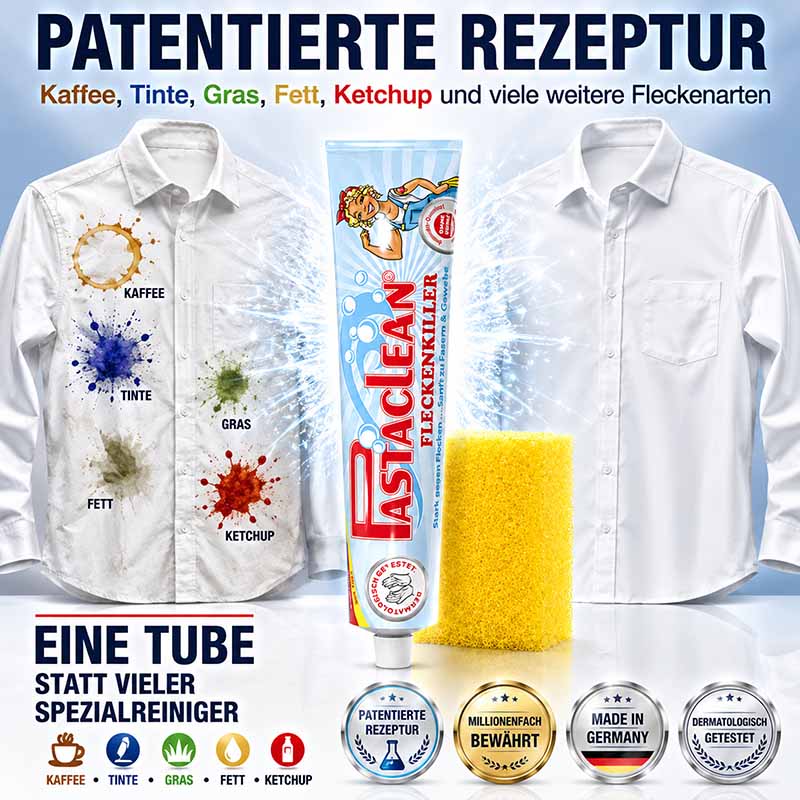 Fleckentferner Tube 100ml mit patentierter Rezeptur. Wirksam gegen Kaffee-, Tinten-, Gras-, Fett-, Ketchupflecken. Spülschwamm dargestellt. Text: Eine Tube statt vieler Spezialreiniger. Made in Germany, millionenfach bewährt, dermatologisch getestet.