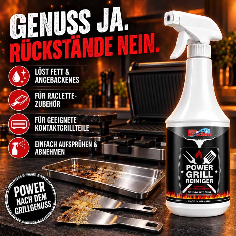 Pastaclean Grillreiniger 1000 ml gegen Eingebranntes und Fett für Back- und Grillzubehör, ideal für Raclette und Kontaktgrill, einfache Anwendung durch Aufsprühen, für saubere Grillergebnisse.