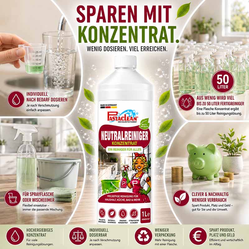 Pastaclean Neutralreiniger Konzentrat 1 L Allzweckreiniger für Küche, Bad, Böden, Fenster, vielseitige Reinigung mit individueller Dosierbarkeit und hoher Ergiebigkeit, geeignet für Sprayflasche oder Wischeimer, flexibel einsetzbar.