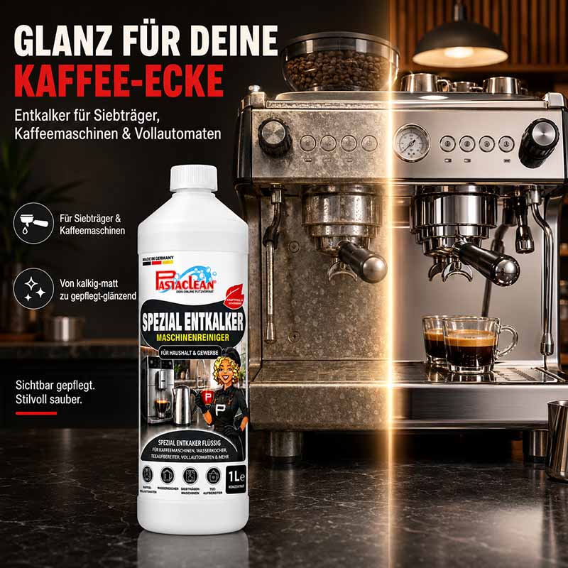 Pastaclean Spezial Entkalker, geräteschonender Maschinenreiniger, 1 Liter, für Kaffeemaschinen, Kaffeevollautomaten und Siebträger, entfernt Kalk und Ablagerungen, für gepflegte Reinigung im Haushalt und Gewerbe geeignet.