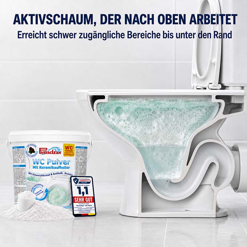 Pastaclean WC Schaum, leistungsstarker WC Reiniger, entfernt Kalk und Urinstein, 1 kg, ideal für schwer zugängliche Bereiche in Toiletten.