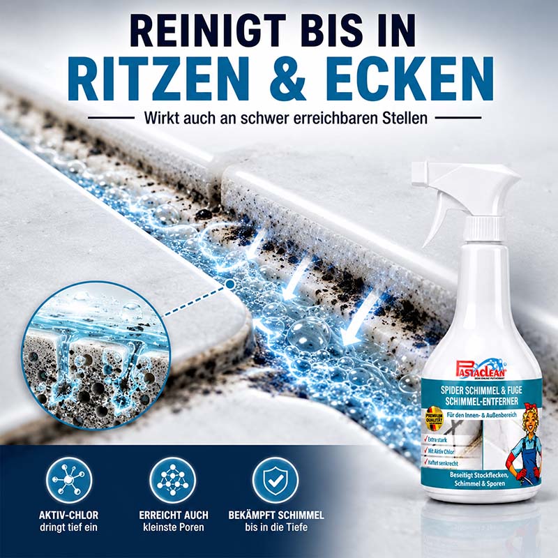 Schimmelentferner Spray 500 ml, reinigt Fugen und Ecken, tiefenwirksam mit Aktiv-Chlor, für Innen- und Außenbereich, beseitigt Schimmel, Stockflecken, Sporen, stark gegen schwer erreichbare Stellen, Fugenreiniger, Fliesenpflege.
