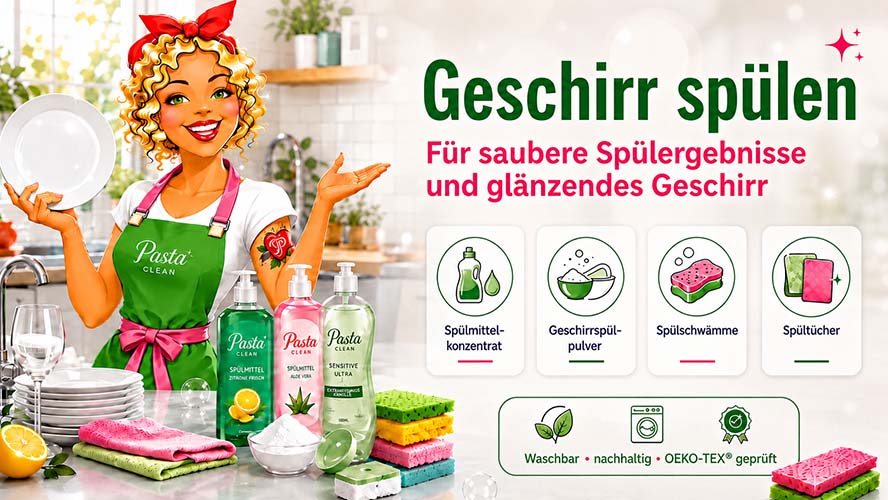 Pastaclean Spülmittelkonzentrat für saubere Spülergebnisse, Geschirrspülpulver, Spülschwämme, Spültücher, ideal für glänzendes Geschirr, nachhaltige und OEKO-TEX geprüfte Reinigung.