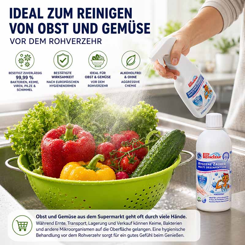 Hygiene Zauber Desinfektionsmittel Oberflächenkonzentrat zur Flächendesinfektion, geeignet für Obst und Gemüse, entfernt 99,99% Bakterien, Keime, Viren, Pilze, Schimmel, ideal für hygienische Reinigung ohne aggressive Chemie