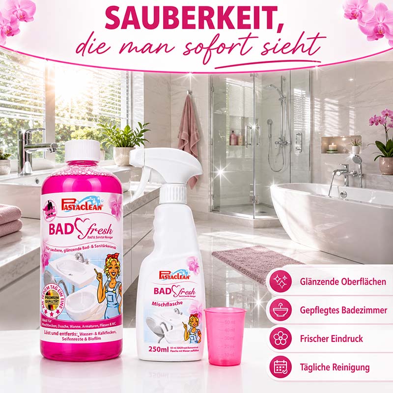 Badfresh Sanitärreiniger 1 Liter und Mischflasche, glänzende Oberflächen im Badezimmer, tägliche Reinigung, Badreinigung, Seifenreste, Kalkfleckenentfernung, sauberes Bad, hygienische Reinigung, frischer Duft, effektive Badpflege, Sanitärhygiene.