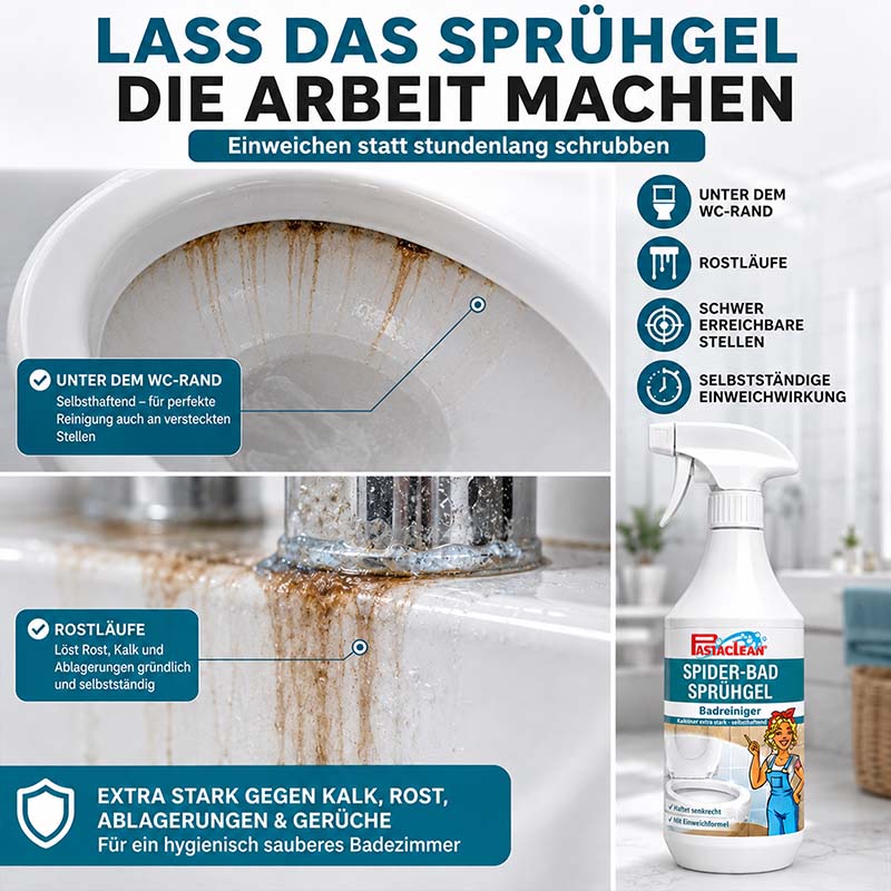 Spider Bad Sprühgel 1 l, stark gegen Kalk, Rost, Ablagerungen, Gerüche; ideal für Badreinigung, selbstständige Einweichwirkung; reinigt WC-Rand, schwer erreichbare Stellen; löst Rostläufe effektiv; Badezimmerreiniger.