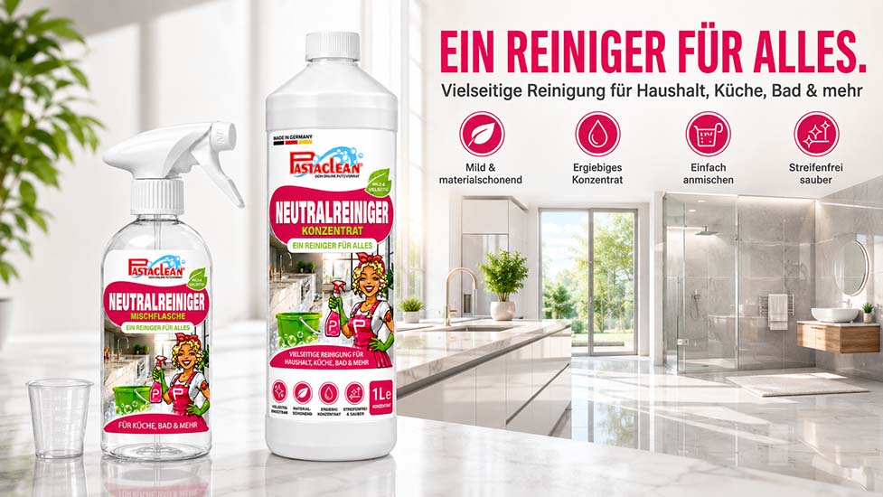 Pastaclean Neutralreiniger Konzentrat für vielseitige Reinigung von Küche, Bad und Haushalt, mild und materialschonend, ergebnissicher für streifenfreies Sauberkeit, Mischflasche inklusive, ideal für vielseitigen Einsatz.