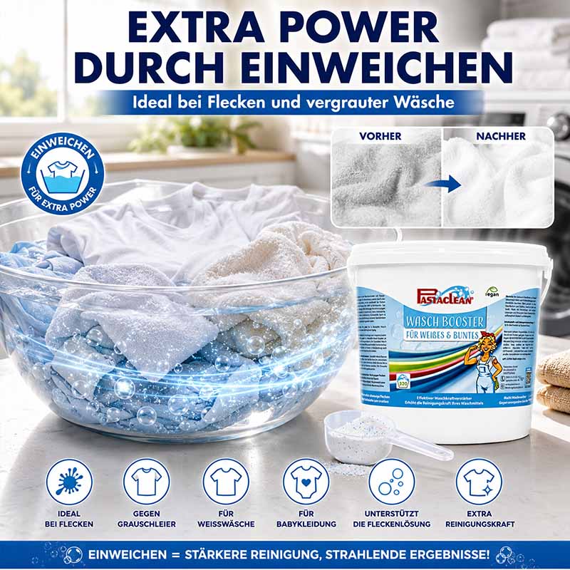Waschbooster 2 kg, ideal bei Flecken, gegen Grauschleier, für Weißwäsche und Babykleidung, unterstützt Fleckenlösung, extra Reinigungskraft, Einweichen für stärkere Reinigung, strahlende Ergebnisse, Werbung mit Vorher-Nachher-Vergleich.