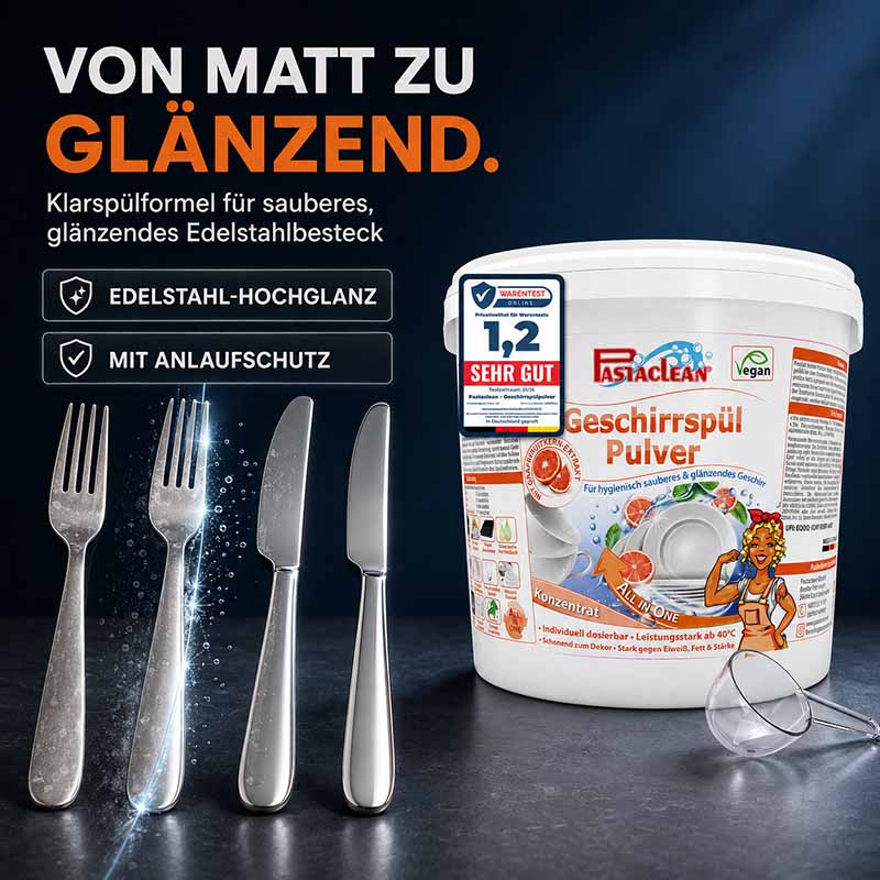 Pastaclean Geschirrspülpulver für Spülmaschinen, Klarspülformel für sauberes, glänzendes Edelstahlbesteck, 2 kg Konzentrat, vegan, mit Anlaufschutz, geeignet für Geschirrreinigung ab 40°C, entfernt Kalk und Fettablagerungen.