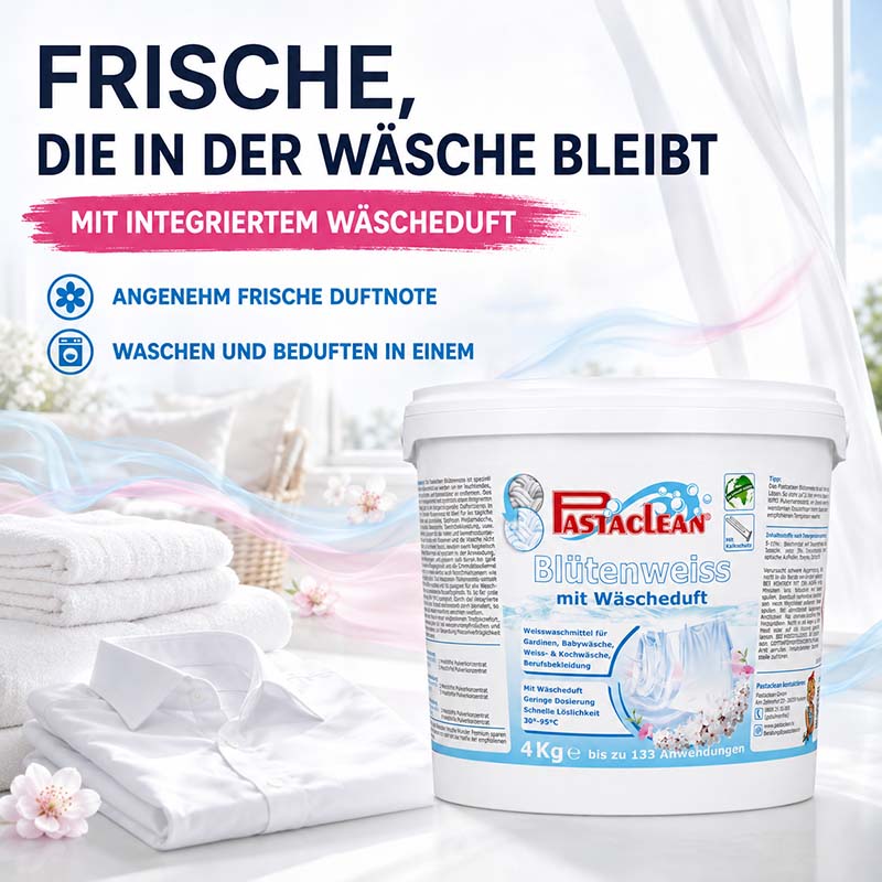Pastaclean Blütenweiss Weißwaschmittel 4Kg mit integriertem Wäscheduft für frische, saubere Gardinen, Bettwäsche und Kochwäsche, geeignet für bis zu 133 Waschgänge, schnelle Löslichkeit bei 30-95°C