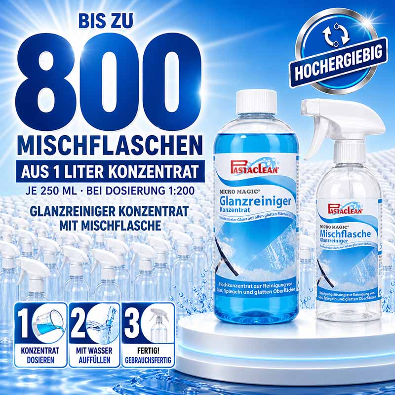 Pastaclean Micro Magic Glasreiniger Konzentrat 1 Liter, Reinigung von Glas, Spiegeln und glatten Oberflächen, hochergiebiges Konzentrat, Dosierung 1:200, vielseitig einsetzbar mit Mischflasche.