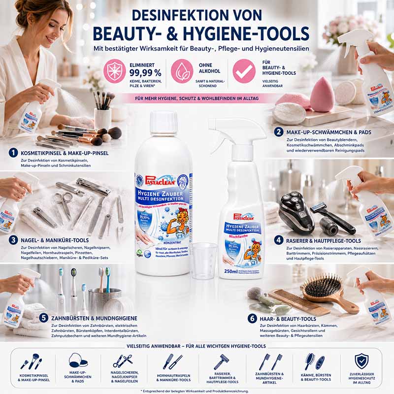 Pastaclean Hygiene Zauber Flächendesinfektion Konzentrat 500 ml, Desinfektionsmittel für Oberflächen in Beauty- und Hygienebereichen, geeignet für Make-up-Pinsel, Maniküre-Tools, Rasierer und Haar-Tools.