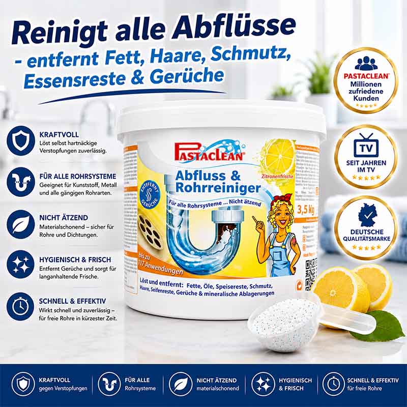 Pastaclean Abfluss- & Rohrreiniger Meeresbrise 3,5Kg, kraftvoll, nicht ätzend, entfernt Fett, Haare, Schmutz, Essensreste, Gerüche, für alle Rohrsysteme, hygienisch, frische Zitronenfrische, deutsche Qualitätsmarke, TV-Werbung, 117 Anwendungen