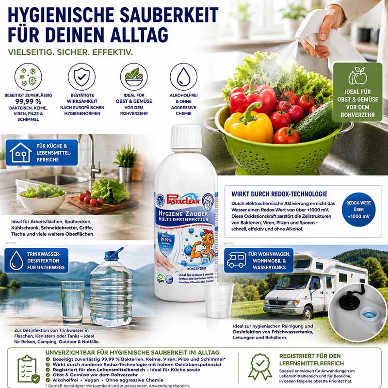 Pastaclean Flächendesinfektion Konzentrat zur hygienischen Reinigung von Oberflächen in Küche und Lebensmittelbereichen, ideal für Obst und Gemüse, alkoholfrei, geeignet für Trinkwasser, Redox-Technologie, 3x 500 ml