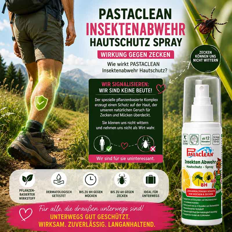 Pastaclean Insektenschutz Hautschutz Spray 100 ml, Schutz vor Mücken, Zecken und Stechfliegen, ideal für Outdoor-Anwendungen, pflanzenbasierter Wirkstoff, langanhaltender Schutz für Haut.